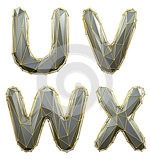 Letter set U, V, W, X made of realistic 3d render silver color. Collection of gold low polly style