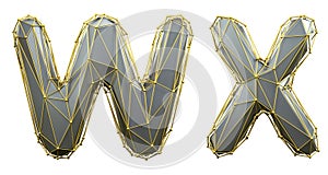 Letter set W, X made of realistic 3d render silver color. Collection of gold low polly style