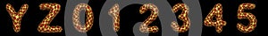 Letter set Y, Z, 0, 1, 2, 3, 4, 5 made of realistic 3d render golden shining metallic.