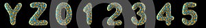 Letter set Y, Z, 0, 1, 2, 3, 4, 5 made of realistic 3d render golden shining metallic.
