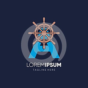 Letter A Ship Steering Wheel Logo Design Vector Icon Graphic Emblem Illustration