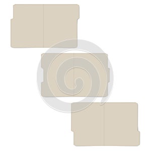 Letter size set of tabbed manila folders  vector template. Open empty file folder with cut tab  realistic mock-up kit