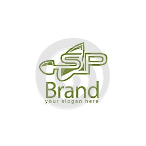 Letter SP green with shovel logo template., flat design. letter SP. Vector Illustration on white background