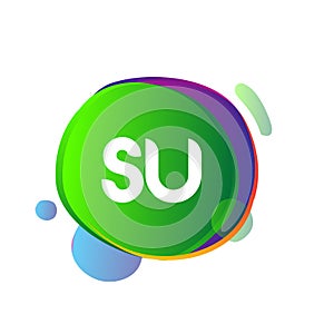 Letter SU logo with colorful splash background, letter combination logo design for creative industry, web, business and company