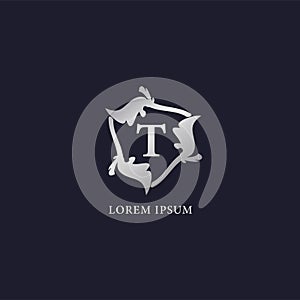 Letter T Alphabet logo design template. Initial Abjad Company Logo. Silver Metallic Luxury Decorative Floral Vector Design Concept