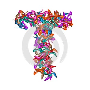 Letter T, alphabet made of multicolored high heel shoes, woman footwear, 3d render on white background