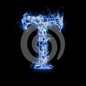 Letter T. Blue fire flames on black