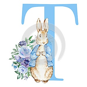 Letter T blue with watercolor cute rabbit with flowers