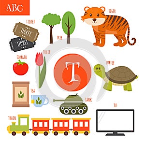 Letter T. Cartoon alphabet for children. Tiger, turtle, tv, tea, tomato, tree, train, tulip, ticket, tank