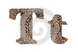 Letter T from coffee bean isoilated on white. Coffee alphabet font