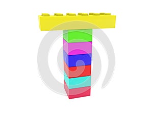 Letter T concept built from toy bricks.3d illustration