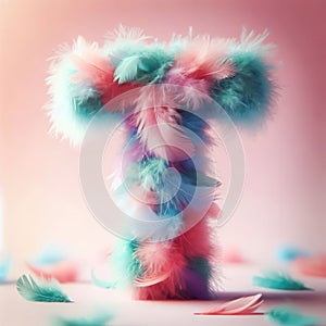 Letter T crafted from a blend of blue, pink, teal, and white feathers photo