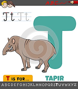 Letter T educational worksheet with cartoon tapir animal