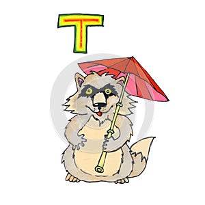 Letter T for Fantasy Cyrillic Alphabet - Azbuka with raccoon tanuki