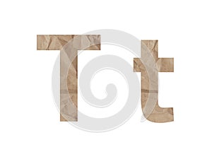 Letter T font alphabet lettring isolated on white. Crumpled wrapping paper crack bruising. Isolate paper letter latin english