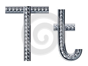 Letter t. font from construction rebar. 3D render