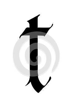 Letter T, in the Gothic style. Vector. Alphabet. The symbol is isolated on a golden background. Calligraphy and lettering. Medieva