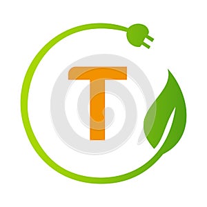 Letter T Green Energy Electrical Plug Logo Template. Electrical Plug Sign Concept with Eco Green Leaf Vector Sign
