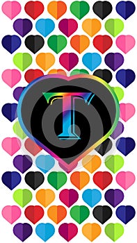 Letter T in the heart of the colorful hearts on a white background