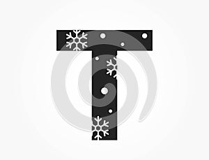 Letter t with snowflake and snow. alphabet element for Christmas, new year and winter design. isolated vector image