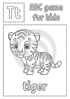 Letter T is for tiger. ABC game for kids. Alphabet coloring page. Cartoon character. Word and letter. Vector illustration