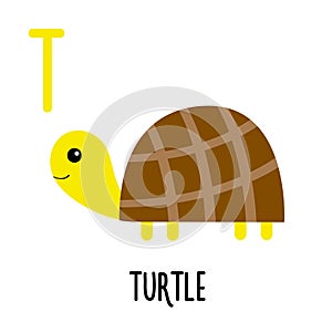 Letter T Turtle. Animal and food alphabet for kids. Cute cartoon kawaii English abc. Funny Zoo Fruit Vegetable learning. Education