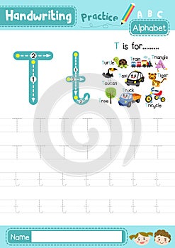 Letter T uppercase and lowercase tracing practice worksheet A4