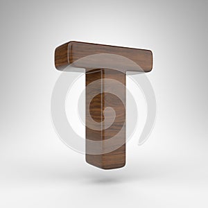 Letter T uppercase on white background. Dark oak 3D letter with brown wood texture.