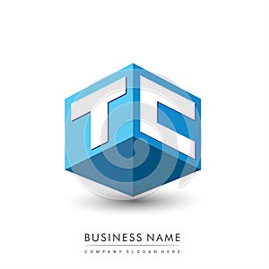 Letter TC logo in hexagon shape and blue background, cube logo with letter design for company identity