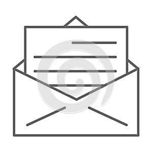 Letter thin line icon, delivery symbol, receive mail envelope vector sign on white background, opened letter in envelope