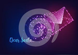 Letter to Santa Claus background with glowing low polygonal flying mail and text Dear Santa.