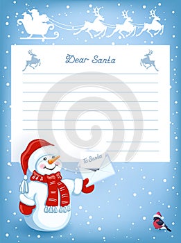 Letter to Santa Claus with cartoon funny Snowman with Christmas letter for Santa Claus and sleigh with reindeer team in flying in