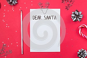 Letter to Santa Claus template. Empty paper with text Dear Santa and different decor on red background