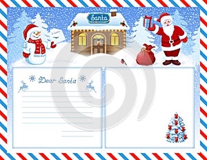 Letter to Santa Claus Template with Wish List and funny Santa Claus and Snowman with Christmas Envelope against winter forest