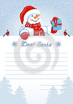 Letter to Santa Claus with wish list and cartoon funny Snowman with Christmas gift box and bullfinch