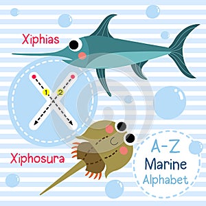 Letter X tracing. Xiphias. Xiphosura. Marine alphabet