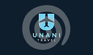 Letter U with airplane fly travel transportation logo icon vector illustration design