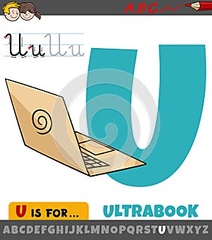 letter U from alphabet with cartoon ultrabook laptop