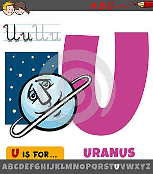 Letter U from alphabet with cartoon uranus planet