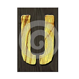Letter U. Alphabet made of letters, made of wood, on a dark wooden plank. Isolated on white background. Education