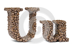 Letter U from coffee bean isoilated on white. Coffee alphabet font