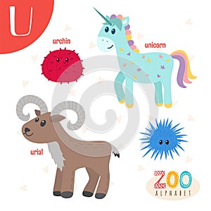 Letter U. Cute animals. Funny cartoon animals in vector. ABC boo