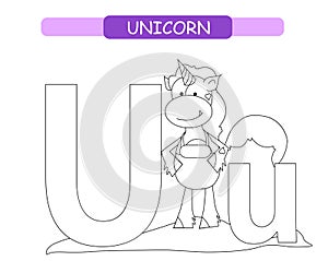 Letter U and funny cartoon unicorn. Coloring page. Animals alphabet a-z. Cute zoo alphabet in vector for kids learning English voc