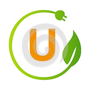 Letter U Green Energy Electrical Plug Logo Template. Electrical Plug Sign Concept with Eco Green Leaf Vector Sign