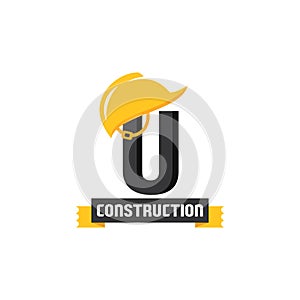 Letter U Helmet Construction Logo Vector Design. Security Building Architecture Icon Emblem