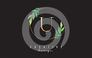 Letter U logo design with uppercase, leaf details, golden outline leaves and circle frame. Vector Illustration with Botanical