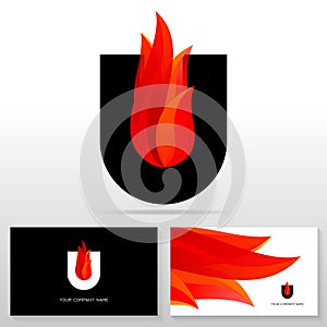 Letter U logo design - vector emblem with spurts of flame. Business card templates.