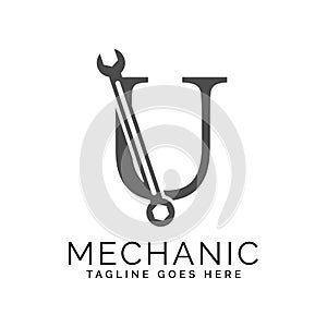 letter U logo with wrench. Alphabet U Spanner logo design