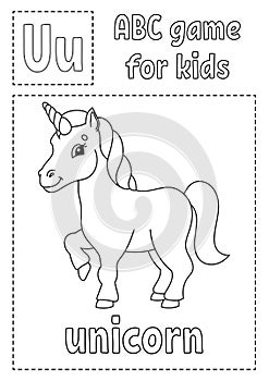 Letter U is for unicorn. ABC game for kids. Alphabet coloring page. Cartoon character. Word and letter. Vector illustration