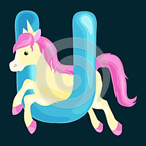 Letter u with unicorn animal for kids abc education in preschool.